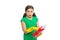Reading washing instruction for using household cleaning product. Small child holding laundry detergent. Cute cleaner