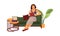 Reading woman. Cartoon character sitting at sofa with book. Female studying at home. Girl enjoying of literature. Room