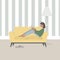 Reading Woman at home on sofa. Vector cute flat interior illustration in cartoon style.