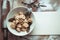 Ready dumplings in a plate on a wooden board