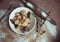 Ready dumplings in a plate on a wooden board