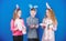 Ready for eggs hunt. Children soft toys rabbit ready hunting for Easter eggs. Group kids bunny ears accessory celebrate