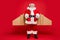 Ready for flight. Full length photo of cool charming santa claus with airplane cardboard imagine wings wear fairy