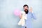 Ready for love date. romantic present for holiday. teddy bear and air balloon. birthday party surprise. full of