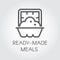 Ready made meals icon. Prepared portion food label concept. Dish in oven graphic web logo. Cooking outline sign. Vector