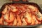 Ready streamed large fresh prawns in pan.