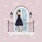 Ready to date banner vector illustration. Woman in elegant dress standing on balcony against wall of house background