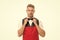 Ready to serve. Man cook hipster apron. Chef cook red apron white background. Bearded man waiter or servant. Restaurant