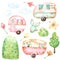 Ready to use children illustration style set of watercolor graphics including three retro caravans, three clouds, aqua cactus, yel