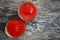 Ready tomato paste in a jar on the table. Tomato ketchup sauce in a glass bowl.