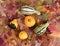 Real autumn gourd decorations on leaf background