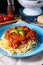 Real Bolognese sauce with spaghetti noodle