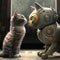 Real cat and robot cat together, fantasy illustration, funny composition,