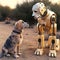Real dog and robot dog together, fantasy illustration, funny composition,
