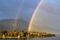 Real double rainbow in cloudy sky, Queenstown, New Zealand