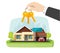 Real estate agent gives new house keys in hand near modern home apartment vector flat cartoon illustration, concept of