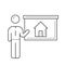 Real estate agent at house presentation line icon.