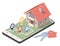 A real estate agent offers a home for rent, purchase or rent. Online real estate search. Isometric illustration Buying