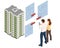 A real estate agent offers a home for rent, purchase or rent. Online real estate search. Isometric illustration Buying