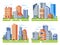 Real estate buildings. City houses cityscape, town apartment house building and urban residential district vector