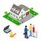 Real Estate Business. Broker Agent Selling House to Young Family. Isometric People.