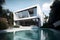 real estate design. modern contemporary rectangular shaped individual living house with large pool in front of it