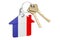 Real estate in France. Home keychain with French flag. Property, rent or mortgage concept. 3D rendering