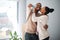 Real estate, home and couple with keys for moving in, dream home and property, happy and kiss mockup. Portrait, man and