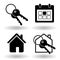 Real estate or house rental booking solid flat black icon set. Key ring and house and calendar organiser. Vector web