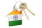 Real estate in India. Home keychain with Indian flag. Property, rent or mortgage concept. 3D rendering