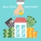 Real estate investments, saving money vector illustration. Hand with coin, house loan, mortgage debt. Property