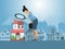 Real estate investments vector illustration. Real estate agent inspecting a house with magnifier. Business woman with