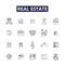 Real estate line vector icons and signs. Property, Broker, Homes, Land, Selling, Buy, Lease, Mortgage outline vector