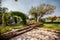 Real estate photography villa yard garden, hanging suspended plants