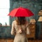 Real estate safeguard Businesswoman holds red umbrella over symbolic home