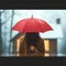 Real estate safeguard Businesswoman holds red umbrella over symbolic home