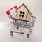 Real estate sales and realtor services. Buying a new home and housing, concept. A small model of a wooden house with a toy shoppin