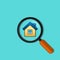 Real estate symbol of house under magnifying glass, vector flat design. Search home symbol