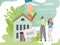 Real estate vector illustration, flat cartoon couple people rent house or apartment property, invest in new home, estate