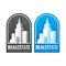 Real estate vector logo template concept illustration in grayscale and blue colors. Abstract buildings sign. Cityscape skyscrapers