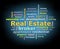 Real estate word cloud on black background with blue growing light