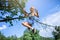 Real happy summertime. Girl flying on a swing in the mountains far from people, outdoor