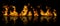 Real line of fire flames with reflection isolated on black background. Mockup on black of wall of fire.