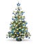 Real natural nordmann xmas christmas tree with petrol blue turquoise silver and wooden decoration. bauble star heart and bright