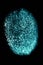 Real neon-blue fingerprint on black background, vertical image. Biometric id identification