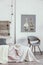 Real photo of a ducks painting hanging on white wall above a gray chair. Bright bedroom interior with pastel bed