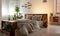 Real photo of a romantic bedroom interior with a double bed with sheets, plants and wooden shelves