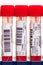 Real series of molecular PCR test tubes, nasal and oropharyngeal swabs with red reagent in vials