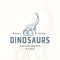 Real Size Dinosaurs Amusement Park Abstract Sign, Symbol or Logo Template. Hand Drawn Brontosaurus Reptile with Premium