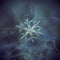 Real snowflake glowing on dark textured background